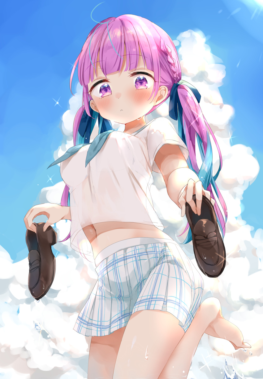 1girl barefoot blue_hair blue_neckerchief blue_ribbon blue_sky blush breasts closed_mouth cloud hair_ribbon highres holding holding_shoes hololive loafers looking_at_viewer medium_breasts midriff minato_aqua multicolored_hair navel neckerchief pink_eyes pink_hair plaid plaid_skirt ribbon school_uniform shirt shoes shoes_removed short_sleeves skirt sky solo standing standing_on_one_leg tatsuyoshi_(zawahomura) twintails two-tone_hair white_shirt white_skirt