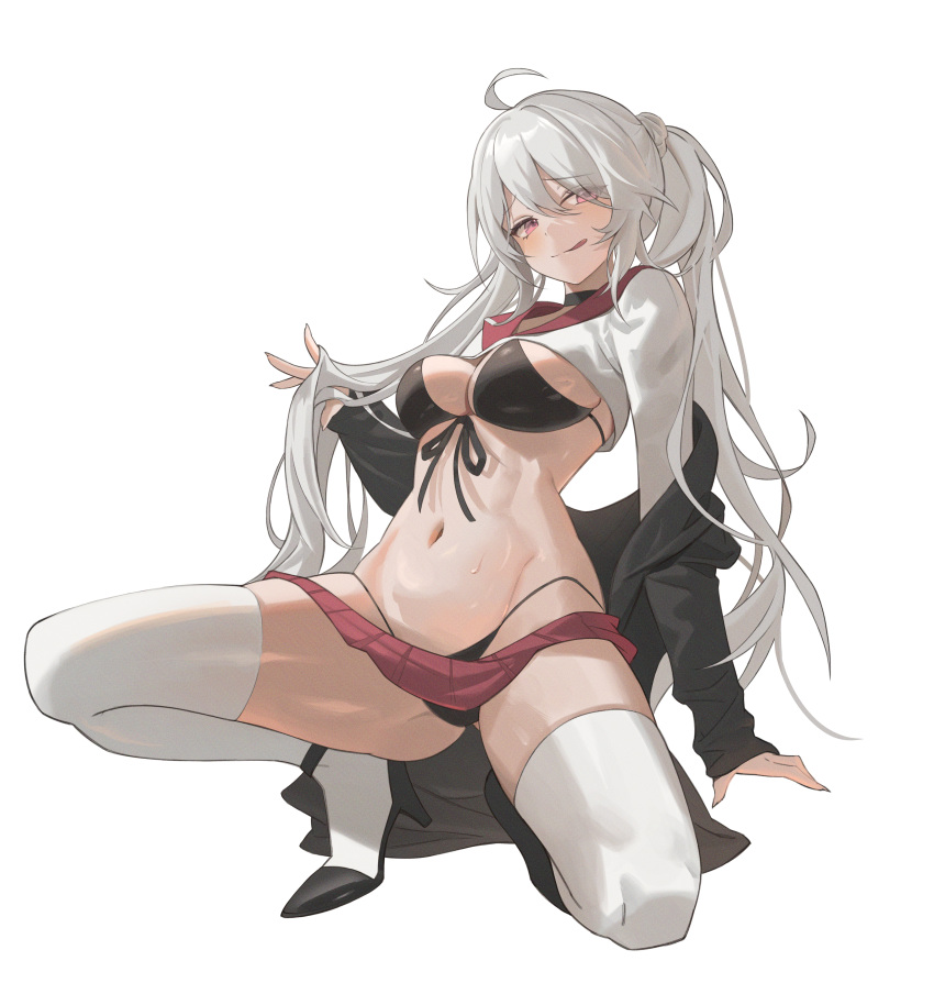 1girl :q absurdres ahoge bangs bikini bikini_under_clothes black_bikini black_footwear black_jacket black_ribbon blush breasts cleavage closed_mouth crop_top front-tie_bikini_top front-tie_top full_body grey_hair high_heels highres jacket large_breasts long_hair long_sleeves looking_at_viewer miniskirt navel one_knee open_clothes open_jacket original purple_eyes red_skirt ribbon shirt simple_background skirt smile solo stomach sweat swimsuit thighhighs tongue tongue_out twintails very_long_hair weapon white_background white_shirt white_thighhighs zutsuyaku