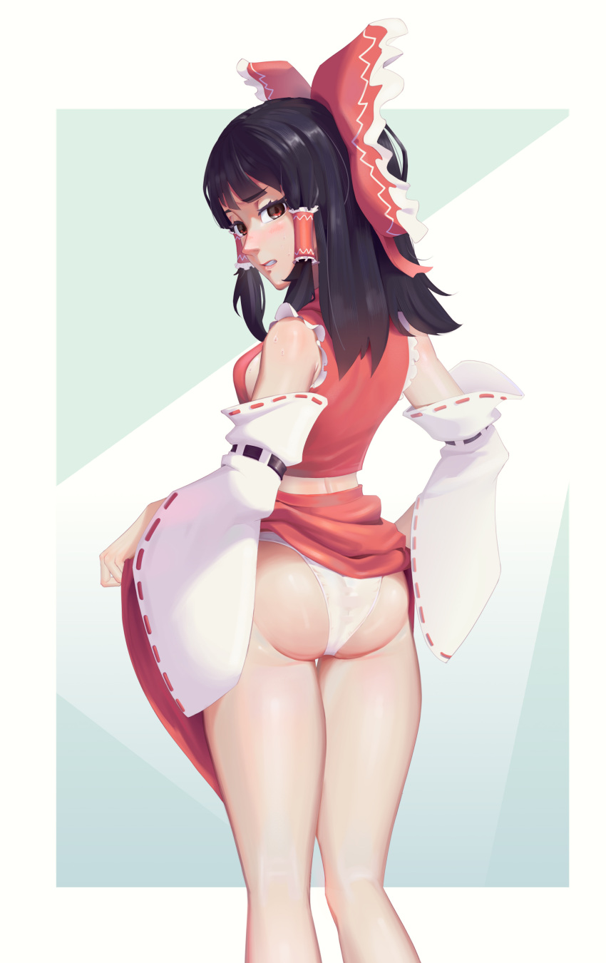 1girl absurdres ass bangs bare_shoulders black_hair bow breasts chinese_commentary clothes_lift detached_sleeves frilled_hair_tubes frills from_behind h.an_(516635864) hair_bow hair_tubes hakurei_reimu highres lifted_by_self long_hair long_sleeves looking_back medium_breasts no_bra nontraditional_miko nose panties parted_lips pink_lips red_bow red_eyes red_skirt ribbon-trimmed_sleeves ribbon_trim sideboob skirt skirt_lift skirt_set solo standing straight_hair sweat teeth thigh_gap touhou underwear white_panties white_sleeves wide_sleeves