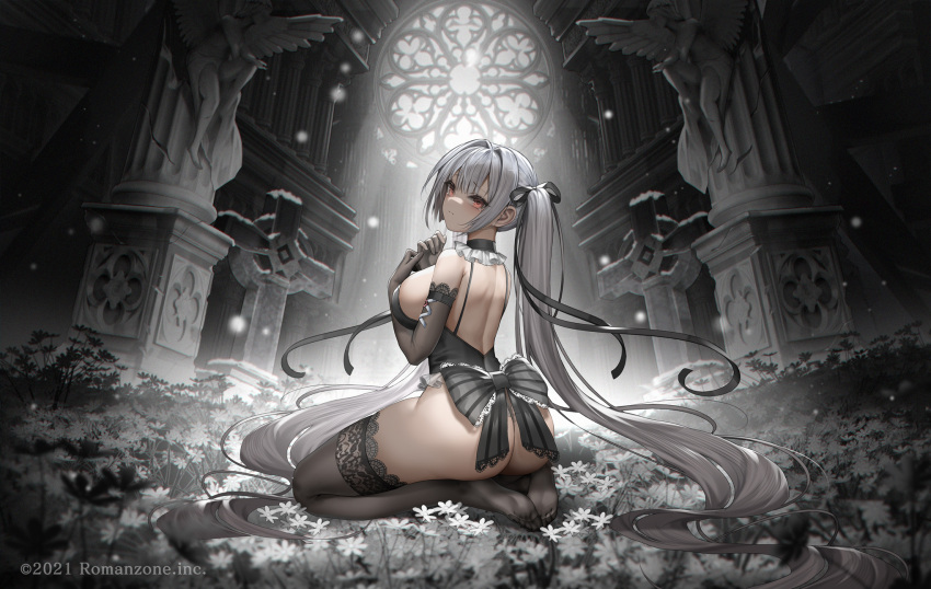 1girl ass bangs black_bow black_leotard black_ribbon bow breasts brown_gloves brown_thighhighs cao_cao_(sevensphere) closed_mouth cross d._(ddot2018) elbow_gloves flower from_behind full_body gloves grey_hair hair_ribbon highres indoors lace-trimmed_bow lace_trim large_breasts leotard long_hair no_shoes pink_eyes ribbon sevensphere sitting solo statue tearing_up thighhighs twintails very_long_hair white_flower