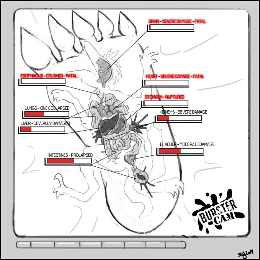 1:1 5_toes ahastar ambiguous_gender barefoot brain crush death deinonychus digital_media_(artwork) dinosaur dromaeosaurid english_text feet foot_crush gameplay_mechanics gore greyscale guts health_bar heart_(organ) herm_(lore) hi_res humanoid_feet internal_organs intestines low-angle_view lung micro monochrome organs reptile scalie shira_frozenmoon signature slug_(artist) snuff stomach stomping text theropod toes torture underfoot worm's-eye_view