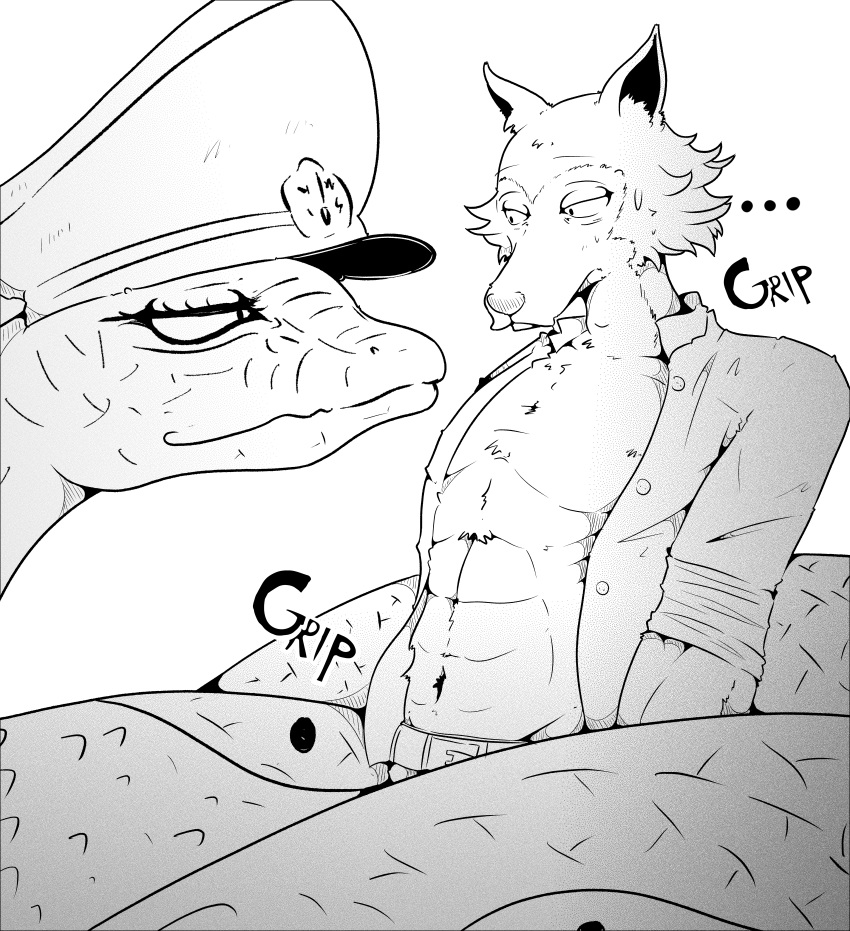 abs absurd_res anthro beastars canid canine canis clothed clothing duo female feral furry_bb greyscale hi_res legoshi_(beastars) male mammal monochrome muscular muscular_male open_clothing open_shirt open_topwear pecs rokume_(beastars) shirt topwear wolf