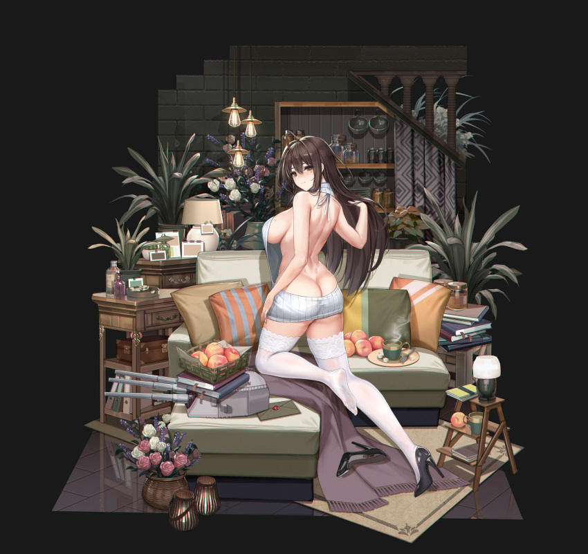 1girl ahoge ass backless_outfit bangs bare_back black_footwear blush book book_stack breasts brown_eyes brown_hair butt_crack closed_mouth copyright_request couch d._(ddot2018) food from_behind fruit full_body hair_between_eyes high_heels highres indoors large_breasts long_hair looking_at_viewer looking_back meme_attire mole mole_under_eye official_art plant potted_plant shoes shoes_removed single_shoe solo sweater very_long_hair virgin_killer_sweater white_sweater
