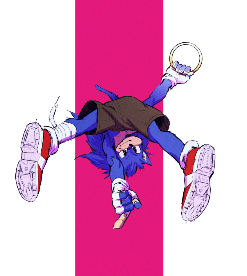 anthro anthrofied blue_body blue_fur bottomwear brown_bottomwear brown_clothing brown_shorts brukajones claws clothing eulipotyphlan fingerless_gloves footwear fur gloves green_eyes grin handwear hedgehog hi_res jumping looking_at_viewer male mammal pink_background ring_(sonic) sega shoes shorts simple_background smile sneakers solo sonic_the_hedgehog sonic_the_hedgehog_(series) upside_down white_background