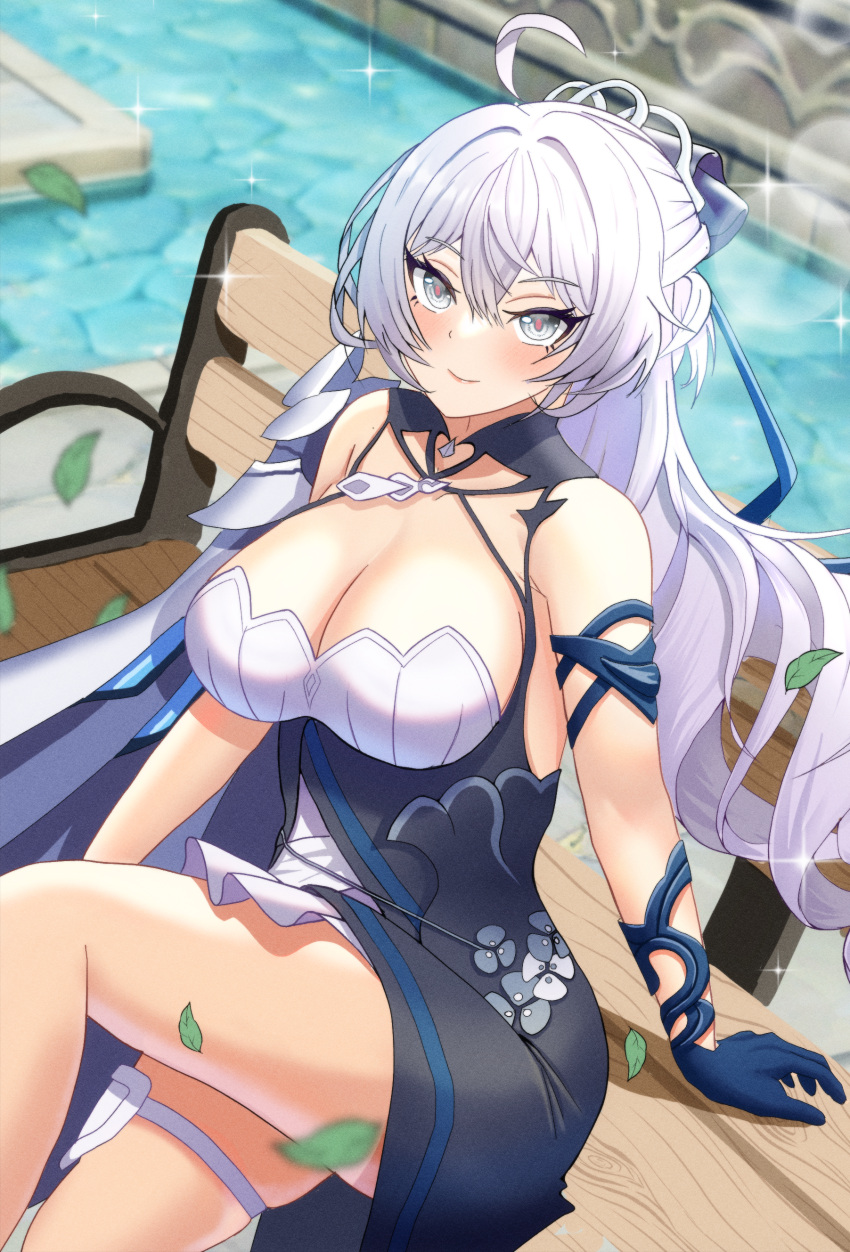 1girl absurdres ahoge armor asymmetrical_clothes bench blush breasts bronya_zaychik bronya_zaychik_(silverwing:_n-ex) cleavage commentary drill_hair english_commentary gloves grey_eyes grey_hair highres honkai_(series) honkai_impact_3rd large_breasts pauldrons saylamars shoulder_armor single_glove single_pauldron smile twin_drills