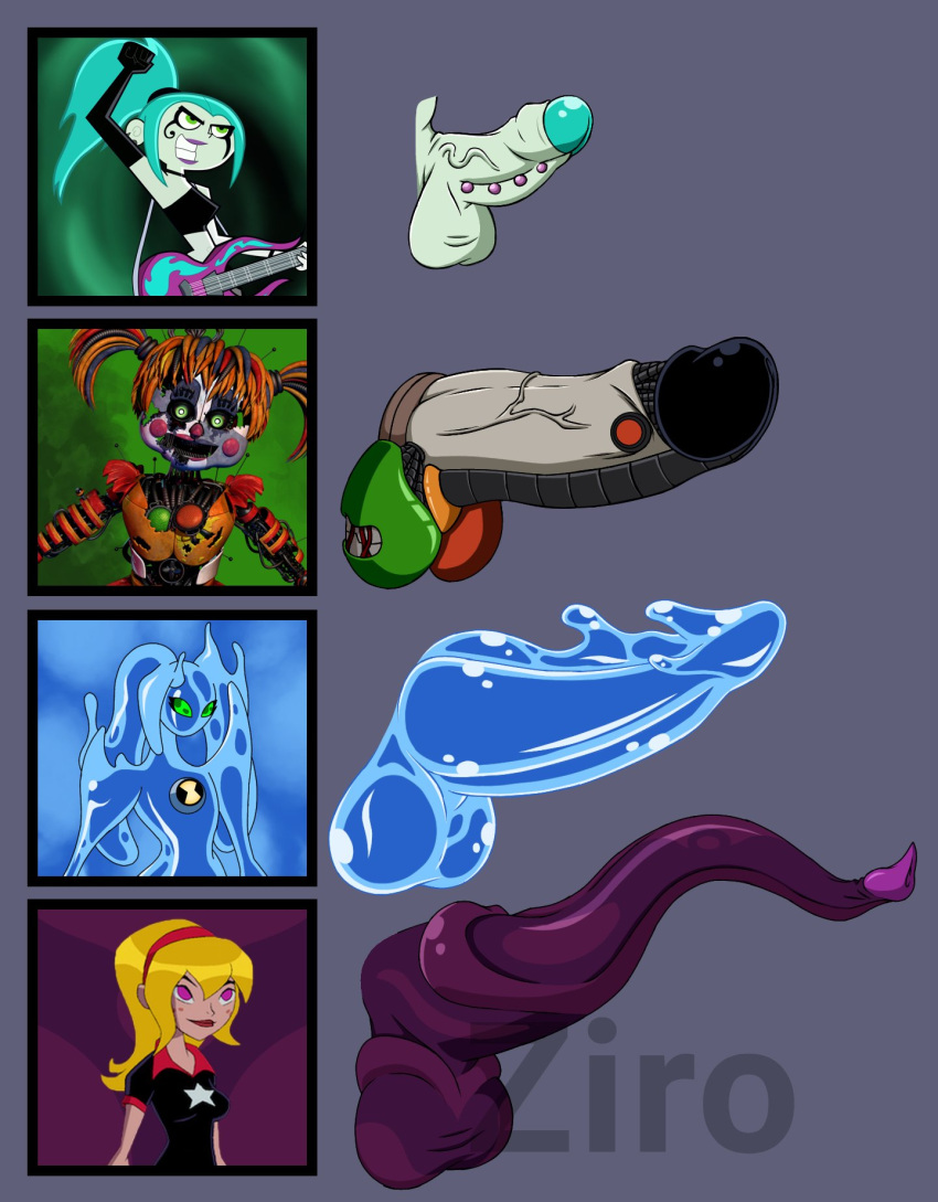 alien animatronic artist_name balls ben_10 blonde_hair blue_body cartoon_network circus_baby_(fnaf) danny_phantom ember_mclain fan_character five_nights_at_freddy's freckles genital_piercing genitals ghost goo_creature goo_humanoid grey_background group hair herm hi_res humanoid intersex lenopan lucy_mann machine nickelodeon penis penis_lineup penis_piercing penis_size_chart penis_size_difference piercing pink_eyes polymorph_(ben_10) robot scottgames scrap_baby_(fnaf) simple_background spirit video_games ziroverse