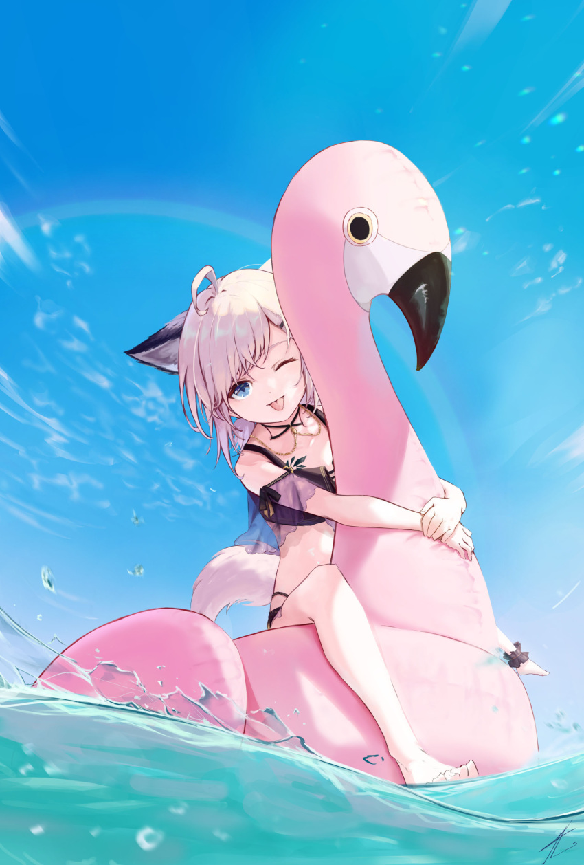 1girl ;p absurdres ahoge animal_ears ankle_cuffs arknights bikini black_bikini blue_eyes blue_sky commentary extra_ears fox_ears fox_girl fox_tail hale_(user_tkwy8275) highres inflatable_flamingo light_brown_hair looking_at_viewer official_alternate_costume one_eye_closed oripathy_lesion_(arknights) outdoors shiny shiny_hair short_hair sky solo sussurro_(arknights) sussurro_(summer_flowers)_(arknights) swimsuit tail tongue tongue_out water