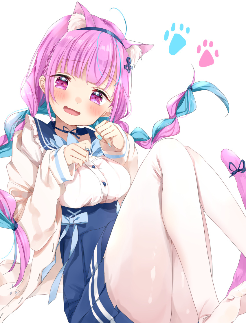 :d ahoge anchor_hair_ornament animal_ear_fluff animal_ears bangs blue_choker blue_hair blue_hairband blue_nails blue_sky blunt_bangs blush braid breasts cat_ears choker extra_ears frilled_sailor_collar frills hair_ornament hairband high-waist_skirt highres hololive jacket long_hair looking_at_viewer low_twin_braids medium_breasts minato_aqua nail_polish no_shoes open_clothes open_jacket pantyhose pink_eyes pink_hair pleated_skirt sailor_collar shirt simple_background skirt sky smile tatsuyoshi_(zawahomura) twin_braids twintails virtual_youtuber white_background white_jacket white_pantyhose white_shirt