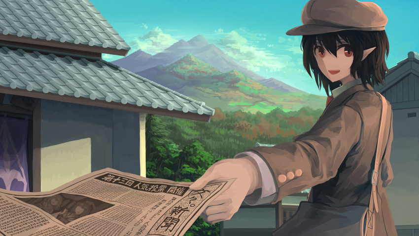 1girl akaiha_(akaihasugk) bag black_hair brown_bag brown_headwear brown_jacket buttons cabbie_hat collared_shirt commentary_request flat_cap happy hat highres holding holding_newspaper jacket long_sleeves looking_at_viewer messenger_bag mountain necktie newspaper no_wings open_mouth pointy_ears red_eyes red_necktie shameimaru_aya shameimaru_aya_(newsboy) shirt short_hair shoulder_bag solo suit_jacket touhou upper_body white_shirt