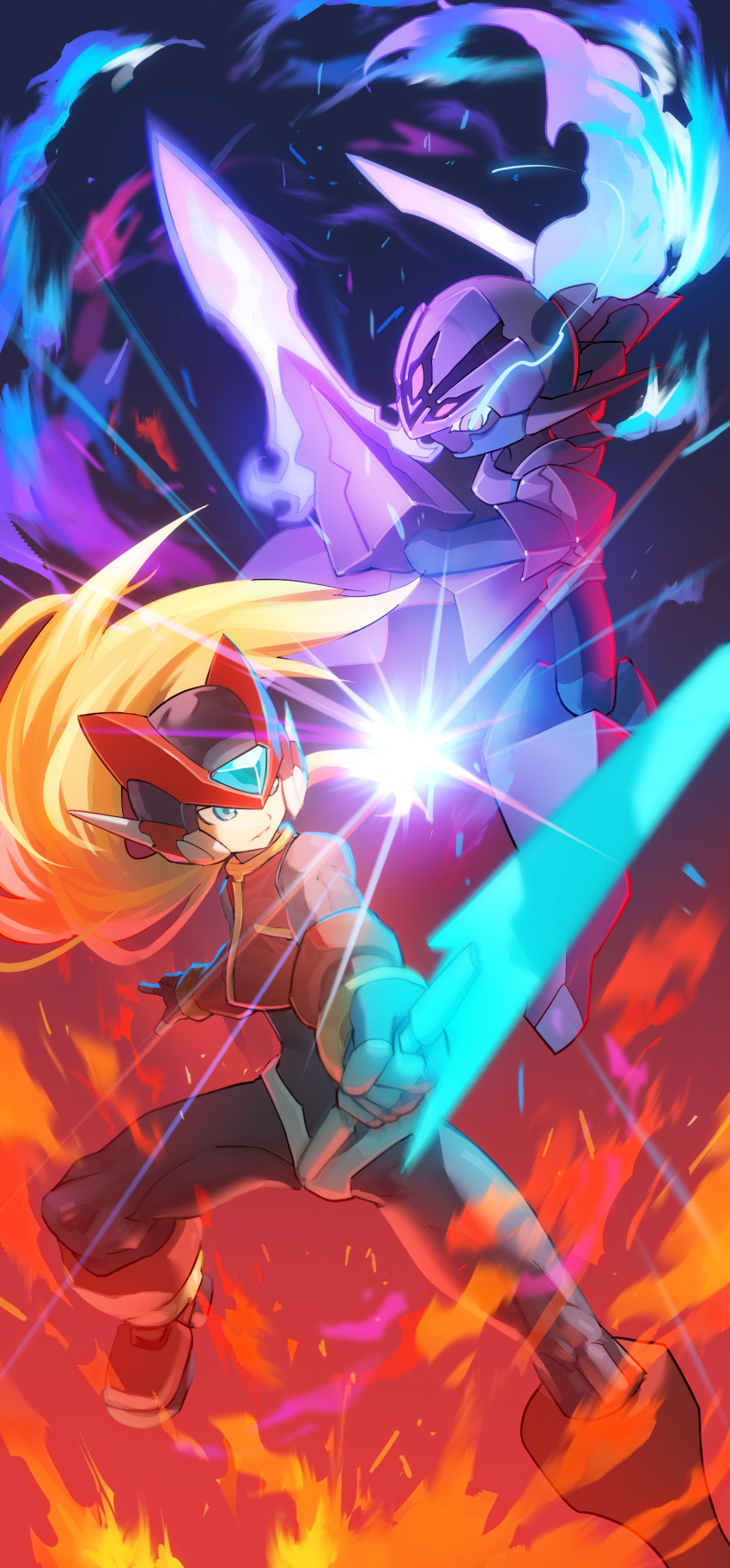 1boy absurdres android arm_blade armor blonde_hair blue_eyes ceruledge commentary crossover dual_wielding energy_sword fire helmet highres holding long_hair mega_man_(series) mega_man_zero pokemon pokemon_(game) pokemon_sv purple_fire sword tanziya_(codlxcold) vest weapon zero_(mega_man)