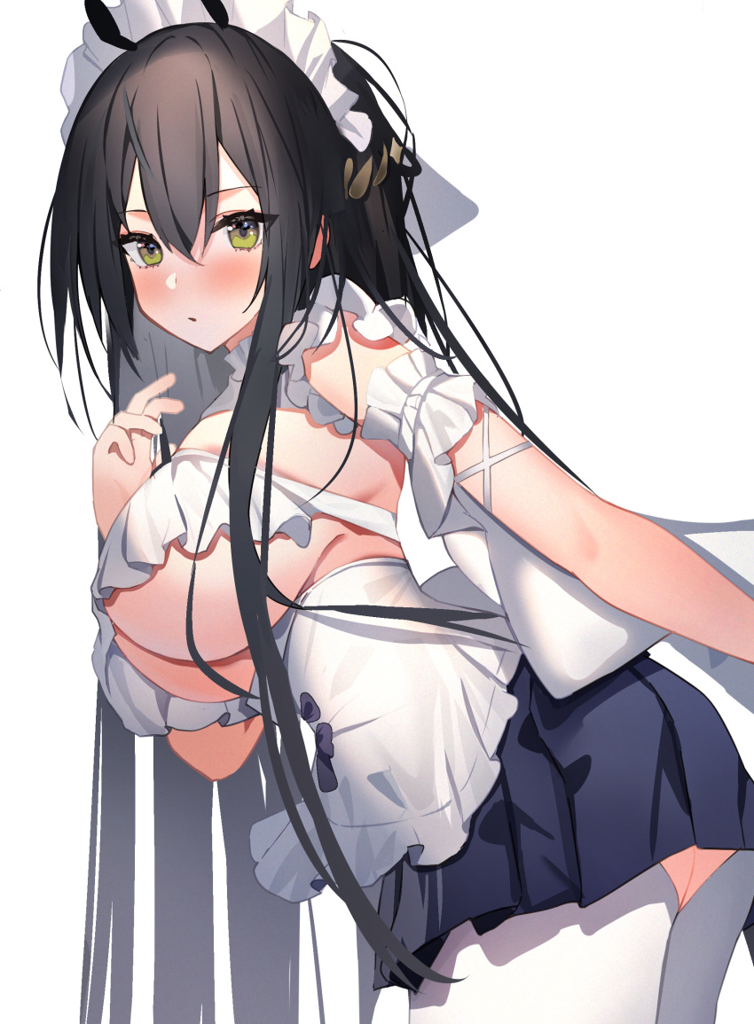 1girl aa44 absurdres apron ass_cutout azur_lane black_hair black_skirt breasts choker clothing_cutout crotchless crotchless_pantyhose frilled_apron frilled_choker frills from_side green_eyes hair_between_eyes highres indomitable_(azur_lane) indomitable_(ms._motivationless_maid)_(azur_lane) large_breasts leaning_forward long_hair looking_at_viewer looking_to_the_side maid_headdress miniskirt official_alternate_costume pantyhose pleated_skirt skirt solo very_long_hair white_apron white_pantyhose