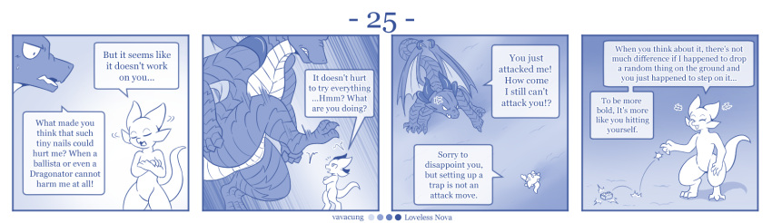 blue_and_white comic detailed_background dialogue dragon english_text featureless_chest featureless_crotch female feral flat_chested hi_res horn kobold larger_feral male monochrome size_difference smaller_female text vavacung wings