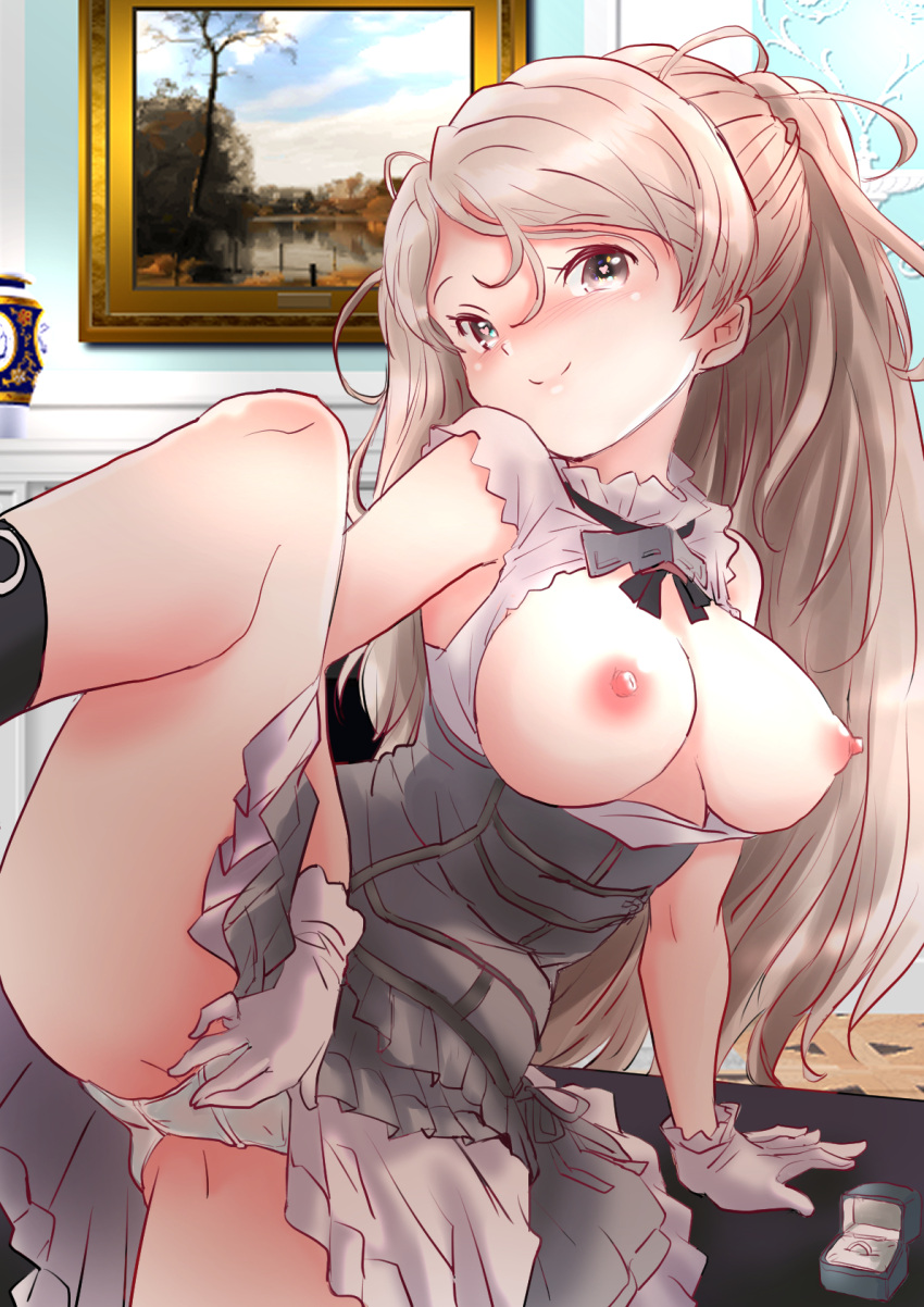 1girl black_footwear boots breasts breasts_out cleavage_cutout clothing_cutout conte_di_cavour_(kancolle) conte_di_cavour_nuovo_(kancolle) dress frilled_dress frills fuji_(pixiv24804665) gloves grey_dress grey_eyes highres kantai_collection large_breasts layered_dress long_hair nipples panties smile solo standing standing_on_one_leg two-tone_dress two_side_up underwear white_dress white_gloves white_panties
