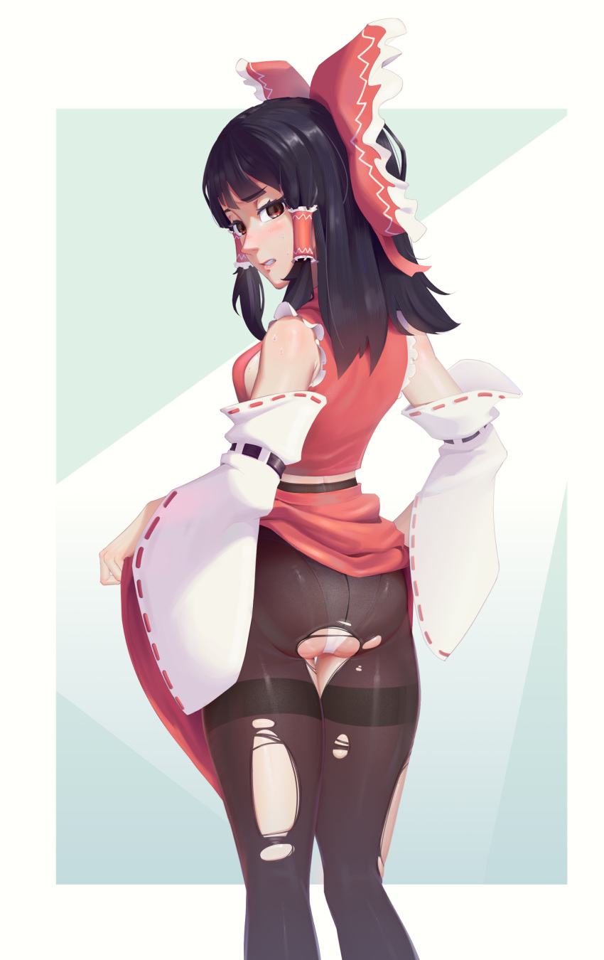 1girl absurdres ass bangs bare_shoulders black_hair black_pantyhose bow breasts chinese_commentary clothes_lift detached_sleeves frilled_hair_tubes frills from_behind h.an_(516635864) hair_bow hair_tubes hakurei_reimu highres lifted_by_self long_hair long_sleeves looking_back medium_breasts no_bra nontraditional_miko nose panties pantyhose parted_lips pink_lips red_bow red_eyes red_skirt ribbon-trimmed_sleeves ribbon_trim sideboob skirt skirt_lift skirt_set solo standing straight_hair sweat teeth thigh_gap thighband_pantyhose torn_pantyhose touhou underwear white_panties white_sleeves wide_sleeves