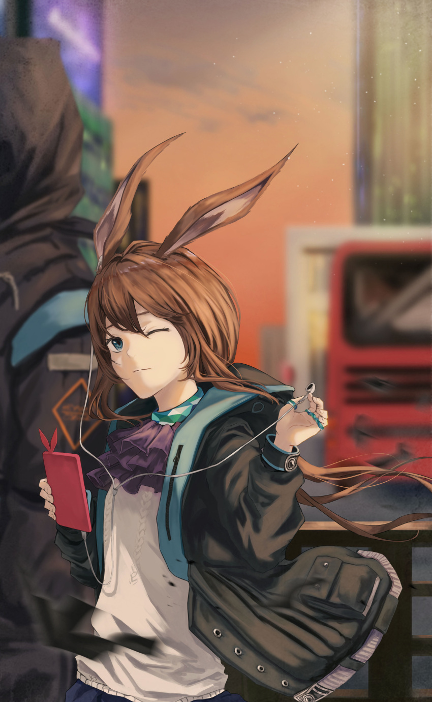 1girl 1other ;) absurdres ambiguous_gender amiya_(arknights) animal_ears arknights ascot black_jacket blue_ascot blue_collar blue_eyes blurry blurry_background brown_hair cellphone collar doctor_(arknights) earbuds earphones hale_(user_tkwy8275) hand_up highres holding holding_earphones holding_phone hood hood_down hooded_jacket implied_extra_ears jacket jewelry long_hair looking_at_viewer multiple_rings neck_ring one_eye_closed phone rabbit_ears rabbit_girl ring shirt smartphone smile solo_focus upper_body white_shirt