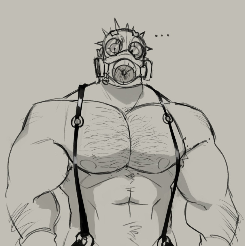 animal_head animal_humanoid body_hair chest_hair dorohedoro for_a_head gas_mask grey_background hi_res humanoid kaiman_(dorohedoro) kiba24 looking_at_viewer male mask muscular muscular_humanoid muscular_male nipples pecs scalie scalie_humanoid simple_background sketch solo suspenders