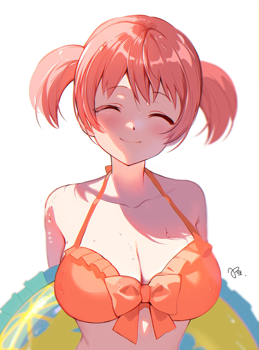 1girl absurdres arms_behind_back bangs bare_shoulders bikini blush breasts cleavage closed_eyes closed_mouth collarbone hataraku_maou-sama! highres hiiragi_akio innertube large_breasts orange_bikini orange_hair ribbon-trimmed_bikini sasaki_chiho short_hair short_twintails signature simple_background smile solo swimsuit twintails upper_body wet white_background