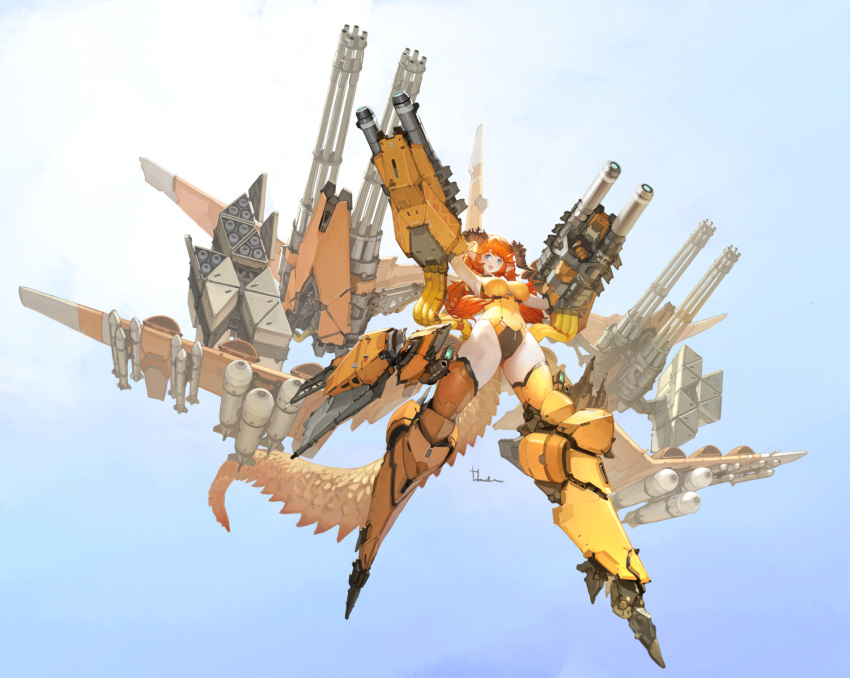 1girl arm_cannon breasts covered_navel dragon_tail flying from_below gatling_gun horns large_breasts leotard long_hair long_pointy_ears mecha_musume mechanical_legs mechanical_wings missile missile_pod open_mouth orange_hair original pointy_ears science_fiction smile solo tail takayama_toshiaki weapon wings yellow_leotard
