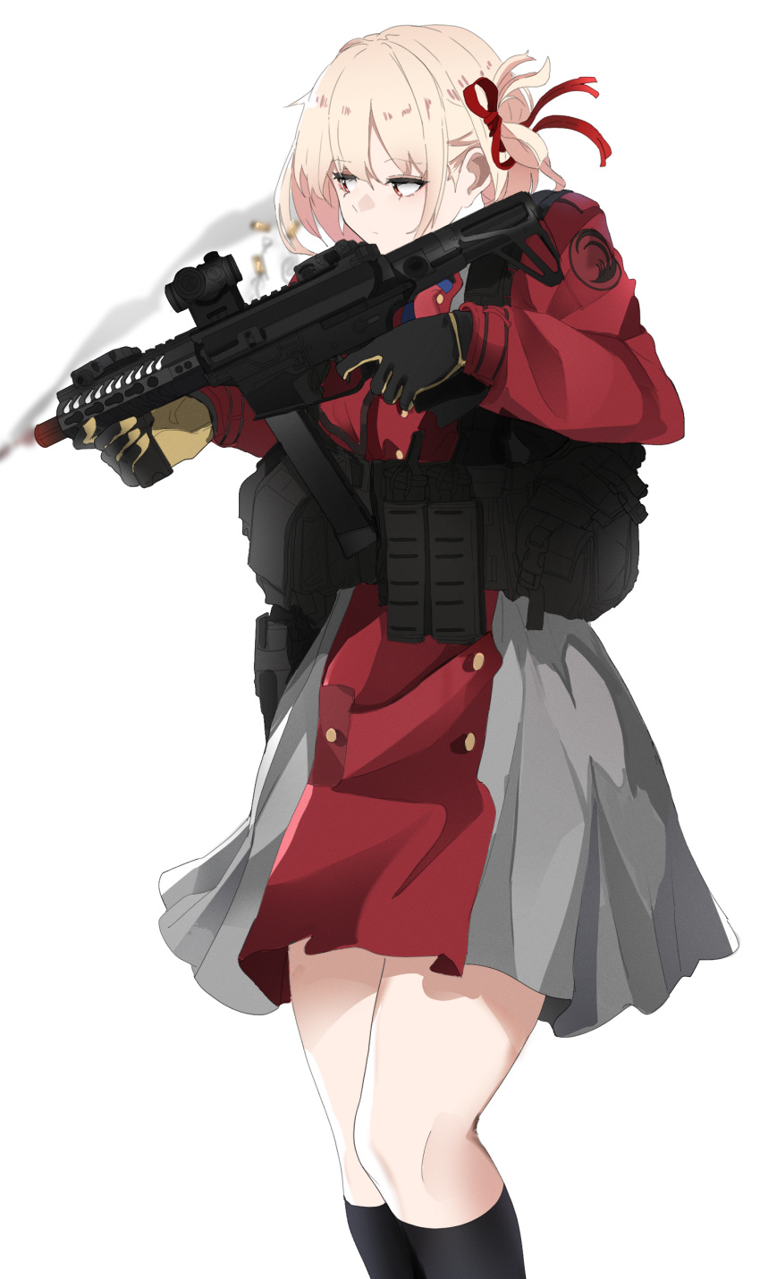 1girl absurdres aimpoint ar-15 black_socks blonde_hair bob_cut casing_ejection dress gun hair_ribbon harness highres holding holding_weapon kneehighs load_bearing_vest lycoris_recoil lycoris_uniform magazine_(weapon) nishikigi_chisato pleated_skirt pouch pz-15 red_dress ribbon rifle ro635 shell_casing skirt socks solo submachine_gun tactical_clothes trigger_discipline two-tone_dress two-tone_gloves vertical_foregrip weapon white_background