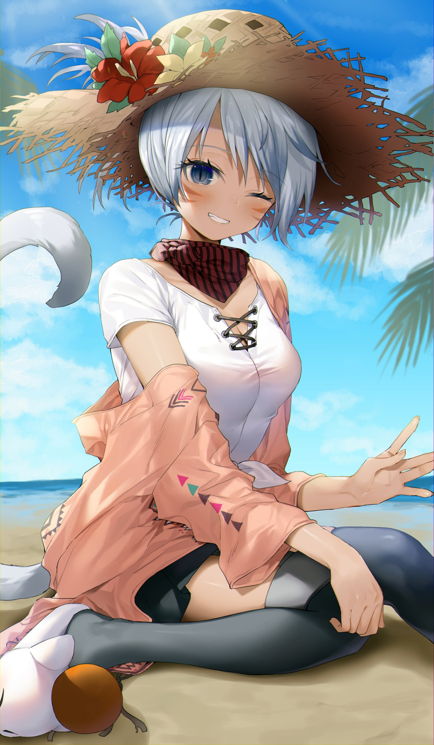 1girl absurdres bangs black_thighhighs blue_eyes blue_hair breasts cat_girl cat_tail facial_hair final_fantasy final_fantasy_xiv hat highres jacket long_sleeves medium_breasts miqo'te one_eye_closed outdoors parted_lips shirt short_hair short_sleeves sitting slit_pupils smile solo straw_hat tail thighhighs white_shirt yana_mori