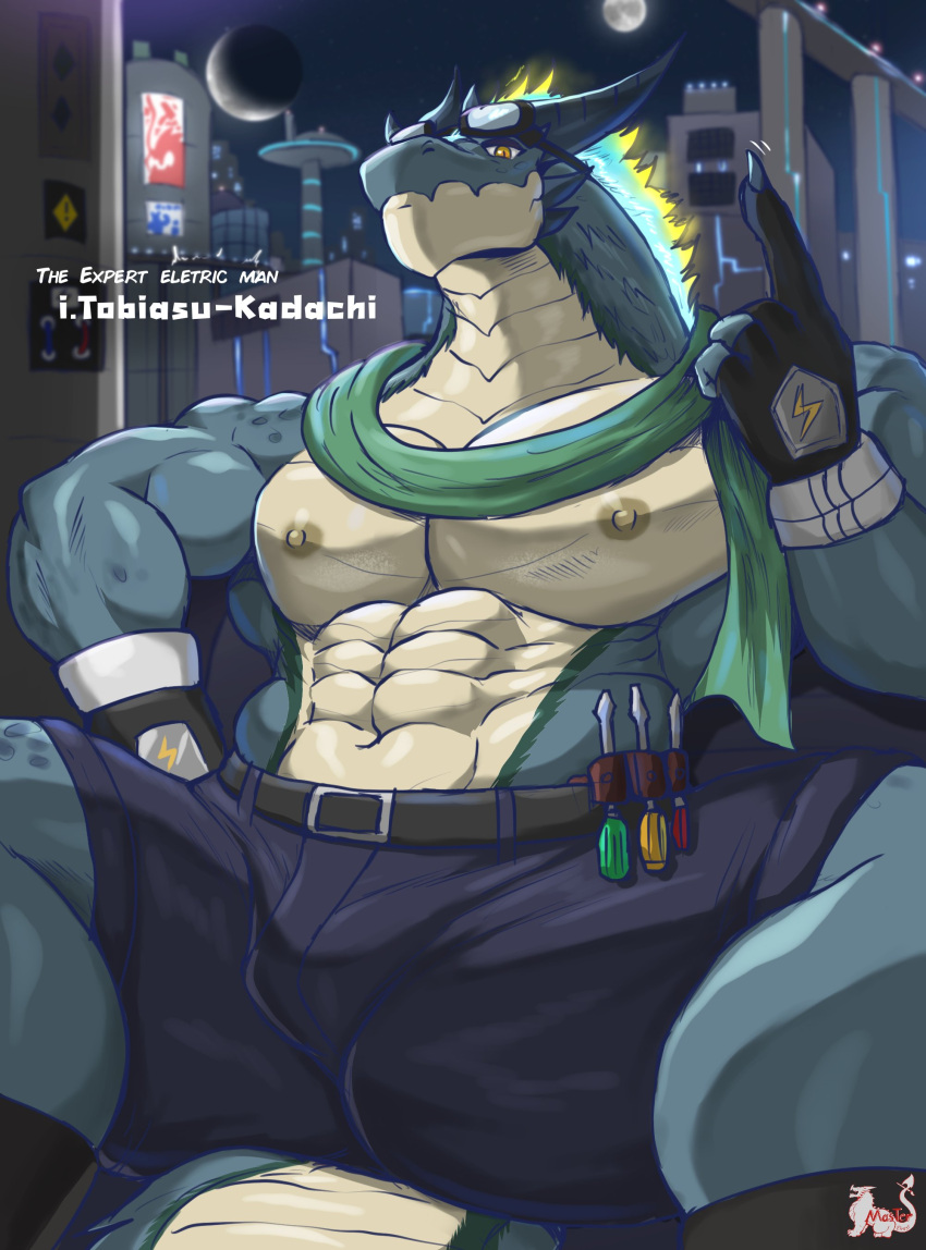 abs absurd_res anthro biceps blue_body blue_skin bottomwear capcom city claws clothing detailed_background dragon energy eyewear eyewear_on_head fanged_wyvern fangs fur gloves hair handwear hi_res horn jaw looking_at_viewer lying male masterelrest monster_hunter muscular muscular_anthro muscular_male neckwear nipples pecs pose pupils raised_finger raised_hand reptile scalie scarf sitting slit_pupils solo spikes spread_legs spreading tobi-kadachi tools video_games worker yellow_eyes