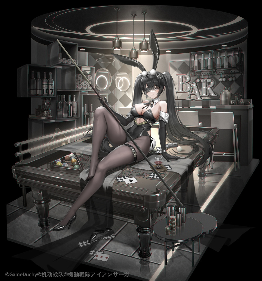 1girl ace_of_spades animal_ears ball bangs bar billiard_ball billiards black_footwear black_gloves black_hair black_leotard bottle breasts brown_pantyhose card cleavage closed_mouth cue_stick d._(ddot2018) detached_collar elbow_gloves eyepatch fake_animal_ears gloves hair_between_eyes high_heels highres holding_cue_stick indoors iron_saga large_breasts leotard long_hair pantyhose playing_card pool_table rabbit_ears serenity_(iron_saga) shoes shoes_removed single_shoe sitting sitting_on_table solo spade_(shape) strapless strapless_leotard table thigh_strap very_long_hair