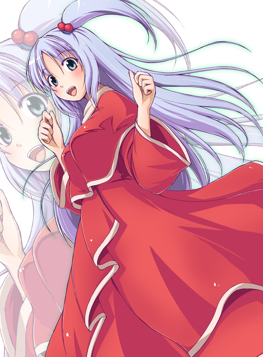breasts dress eyebrows_visible_through_hair fechirin grey_eyes grey_hair hair_bobbles hair_ornament happy highres large_breasts long_dress long_hair long_sleeves looking_at_viewer open_mouth red_dress shinki side_ponytail silver_hair solo teeth touhou white_background wide_sleeves zoom_layer