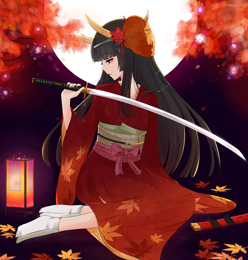 black_hair full_moon hair_ornament hannya highres hinomoto_oniko horns japanese_clothes katana kimono leaf long_hair mask moon nuko_(mikupantu) open_mouth original sitting socks solo sword weapon