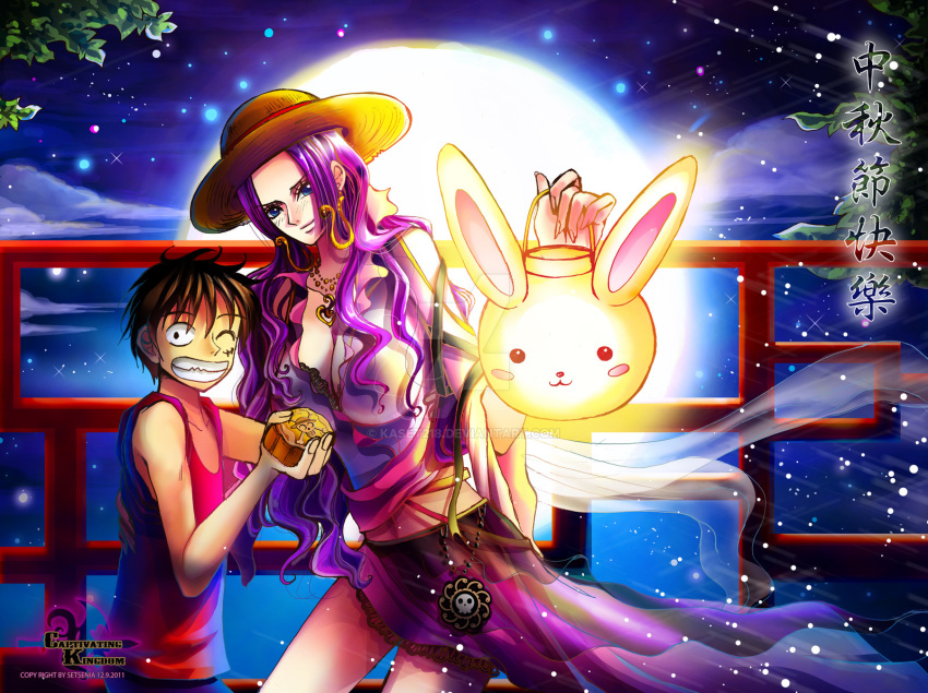1boy 1girl black_hair blue_eyes boa_hancock breasts cleavage huge_breasts large_breasts long_hair monkey_d_luffy one_piece smile