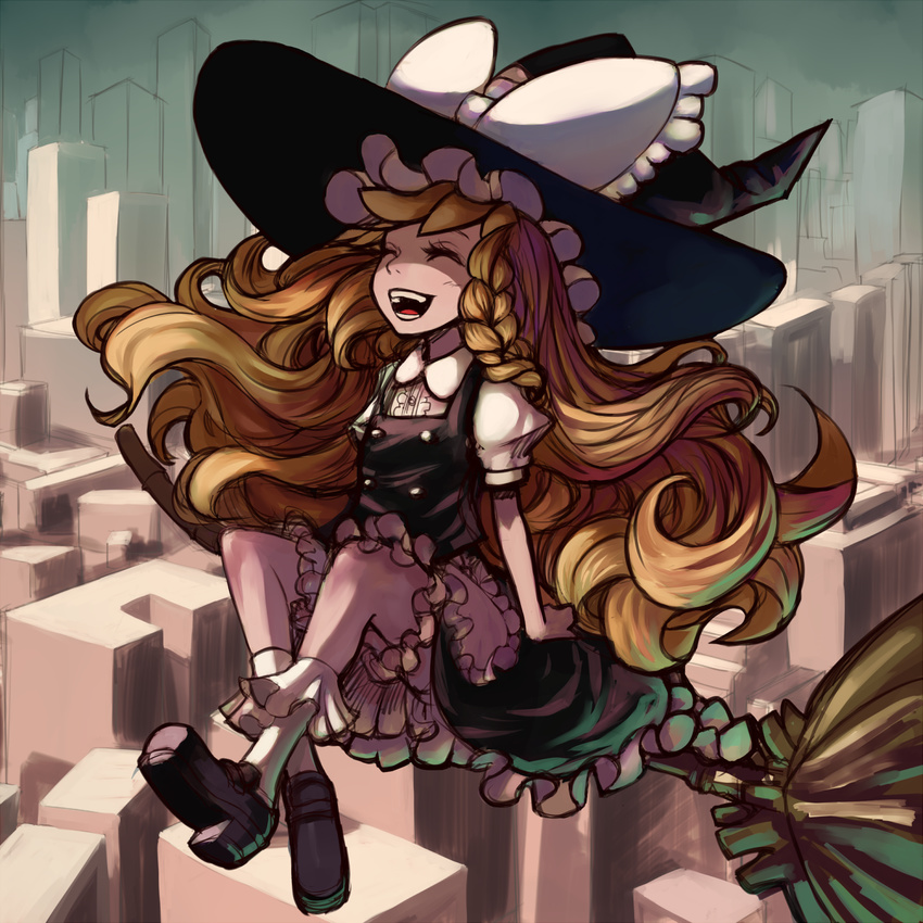 bad_id bad_pixiv_id big_hair bobby_socks braid broom broom_riding cityscape flying hat highres kansou_samehada kirisame_marisa laughing long_hair socks solo touhou witch_hat