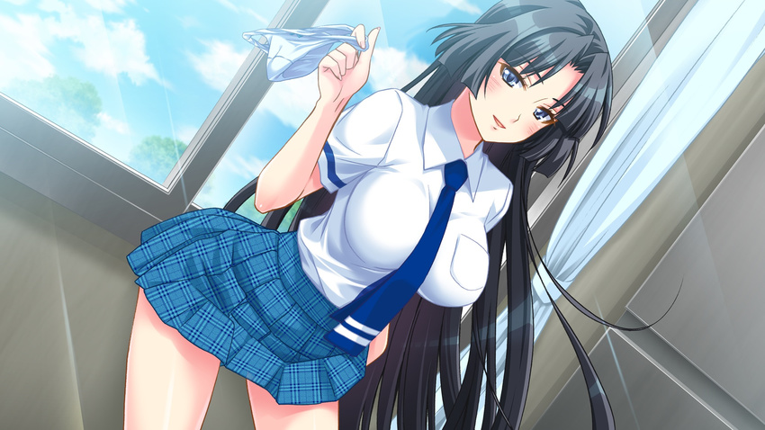 black_hair blue_eyes bomi breasts dutch_angle highres holding holding_panties kajiki_aiko large_breasts long_hair necktie no_pantsu!! panties panties_around_one_finger panties_removed plaid plaid_skirt school_uniform skirt solo underwear very_long_hair white_panties window