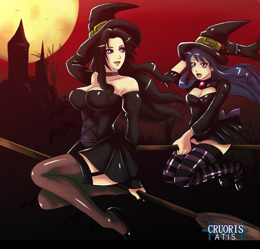 2girls absurdres age_difference bare_shoulders bat black_hair blue_eyes blue_hair breasts broom castle cat choker cleavage detached_sleeves dress flying halloween hat jewelry legwear lips lipstick long_hair looking_back make_up makeup moon multiple_girls nail_polish night open_mouth pantyhose red_eyes ribbon shoes short_sleeves stockings strapless strapless_dress striped_pantyhose thighhighs witch witch_hat