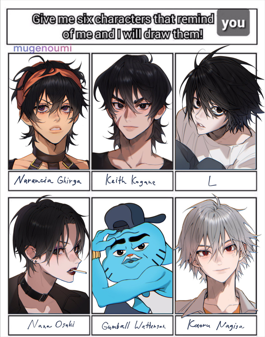 1girl 5boys animal_collar backwards_hat bags_under_eyes baseball_cap black_choker black_eyes black_hair black_jacket black_lips black_shirt character_name choker cigarette collar collared_shirt death_note denim earrings furrowed_brow grey_hair gumball_watterson hair_between_eyes hairband hat highres jacket jeans jewelry jojo_no_kimyou_na_bouken keith_(voltron) l_(death_note) multiple_boys multiple_drawing_challenge multiple_earrings nagisa_kaworu nana_(series) narancia_ghirga neon_genesis_evangelion no_eyebrows orange_hairband osaki_nana pants parted_bangs parted_lips portrait purple_eyes red_eyes scar scar_on_cheek scar_on_face shirt short_hair six_fanarts_challenge smoking the_amazing_world_of_gumball thick_eyebrows upper_body voltron:_legendary_defender voltron_(series) white_background white_shirt yoonmiumi