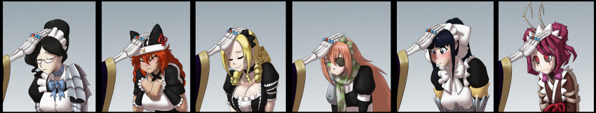 1boy 6+girls ainz_ooal_gown black_hair blonde_hair blush braid breasts choker cleavage curly_hair cz2128_delta entoma_vasilissa_zeta eyepatch eyes_closed flat_chest glasses hand_on_head happy hat insect_girl jewelry large_breasts long_hair lupusregina_beta maid maid_headdress marauder6272 monster_girl multiple_girls narberal_gamma overlord_(maruyama) pink_hair ponytail puffy_short_sleeves puffy_sleeves red_hair ribbon ring scarf short_sleeves shoulder_armor skeleton small_breasts solution_epsilon twin_braids upper_body yuri_alpha