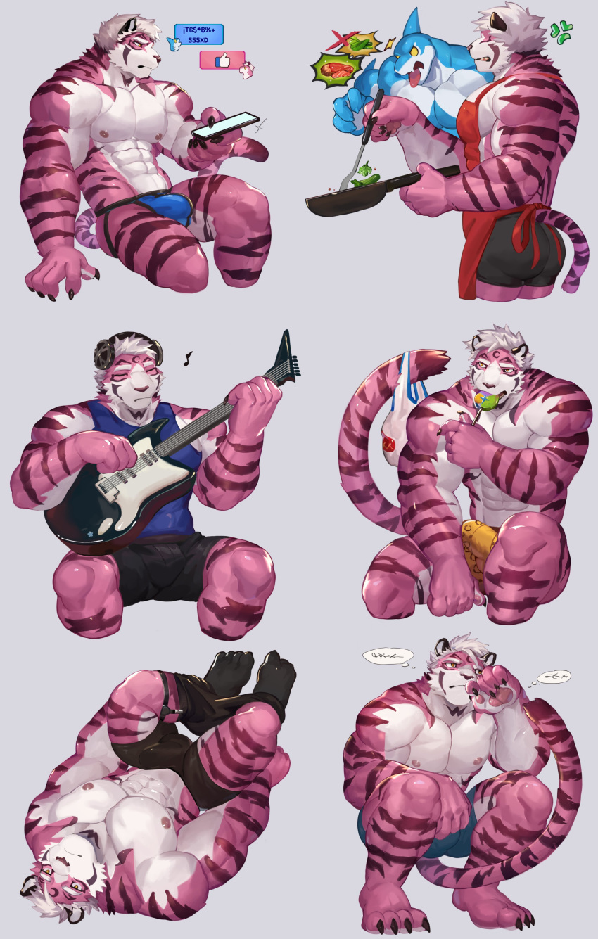 absurd_res anthro apron blue_body bulge candy cellphone clothed clothing cooking countershade_face countershade_fur countershade_torso countershading dessert duo eyes_closed felid fish food fur guitar hair headphones hi_res holding_cellphone holding_object holding_phone holding_smartphone lollipop lollipop_in_mouth magnum_(tetae) male mammal marine muscular muscular_anthro muscular_male musical_instrument musical_note pantherine phone pink_body pink_fur playing_guitar playing_music plucked_string_instrument shark smartphone solo string_instrument striped_body striped_fur stripes tatae_(tetae) tetae text texting thai_text tiger underwear underwear_only white_hair