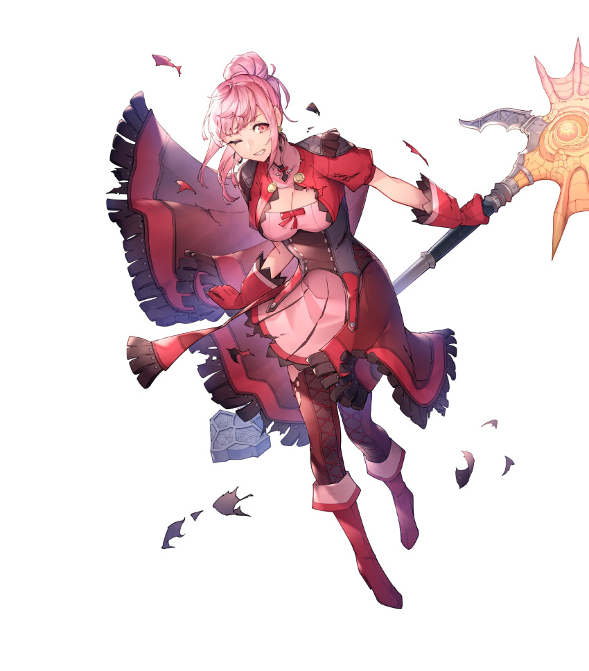 animal_ears axe bangs battle_axe boots bow capelet cropped_jacket dress elbow_gloves essual_(layer_world) fire_emblem fire_emblem:_three_houses fire_emblem_heroes fire_emblem_warriors:_three_hopes full_body gloves highres hilda_valentine_goneril holding holding_weapon jacket jewelry long_hair non-web_source official_art pink_dress pink_eyes pink_hair short_sleeves thigh_boots transparent_background weapon