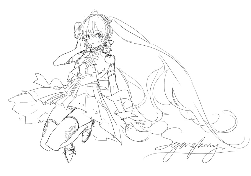 1girl dress elbow_gloves floating floating_hair full_body gloves hair_between_eyes hatsune_miku legs_folded lineart looking_at_viewer miku_symphony_(vocaloid) monochrome pleated_dress rella sketch smile solo standing thighhighs twintails vocaloid zettai_ryouiki