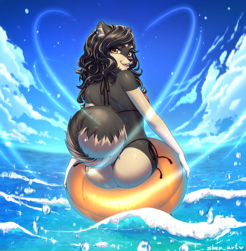 2022 absurd_res anthro beach black_body black_fur black_hair black_nose breasts brown_body brown_fur butt canid canine canis clothed clothing digital_media_(artwork) domestic_dog female fingers fur hair hi_res humanoid_hands inflatable inner_tube jenni_(jennibutt) looking_at_viewer looking_back looking_back_at_viewer mammal monokini multicolored_body multicolored_fur open_mouth open_smile pomeranian sea seaside shen_art signature smile solo spitz swimwear teeth two_tone_body two_tone_fur water