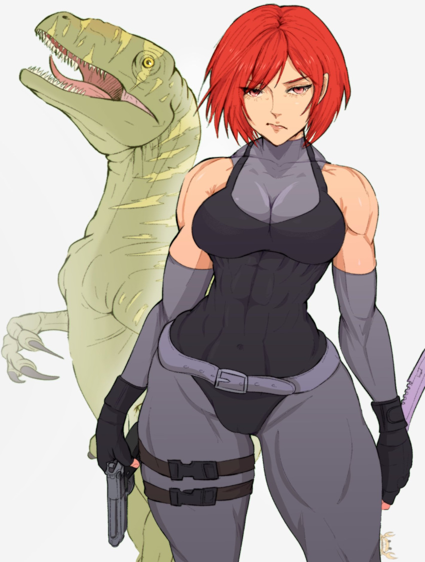 1girl abs bodysuit breasts covered_abs covered_navel dino_crisis dinosaur freckles gun handgun highres holding holding_gun holding_knife holding_weapon knife medium_breasts muscular muscular_female navel red_eyes red_hair regina_(dino_crisis) short_hair skin_tight weapon white_background yoracrab