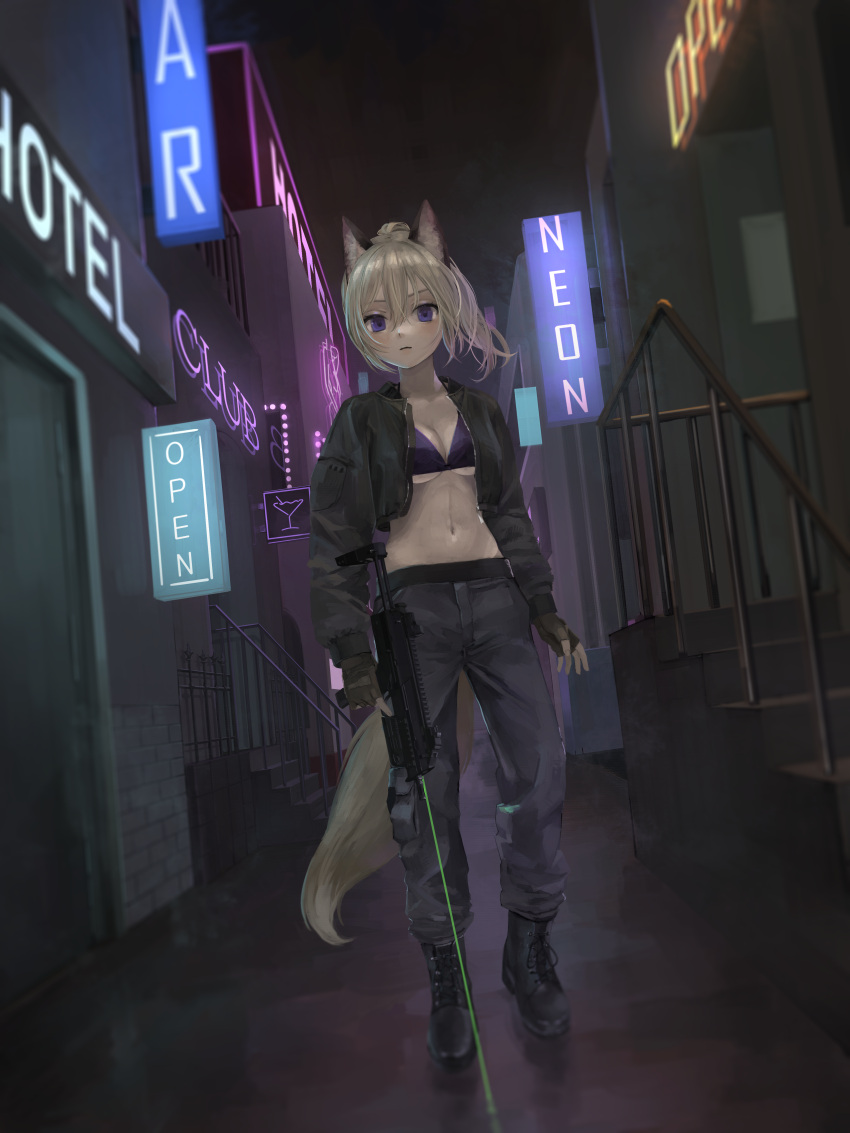 1girl absurdres animal_ears bangs black_footwear black_jacket black_pants blonde_hair boots bra breasts brown_gloves building closed_mouth commentary_request commission cropped_jacket dutch_angle english_commentary english_text fingerless_gloves fox_ears fox_girl fox_tail full_body gloves gun h&amp;k_mp7 hair_between_eyes heel_up highres holding holding_gun holding_weapon jacket laser laser_sight long_sleeves looking_at_viewer medium_breasts medium_hair mixed-language_commentary namuta navel neon_lights night open_clothes open_jacket original outdoors pants pants_tucked_in ponytail purple_bra purple_eyes sign skeb_commission solo standing stomach submachine_gun tail trigger_discipline underboob underwear weapon