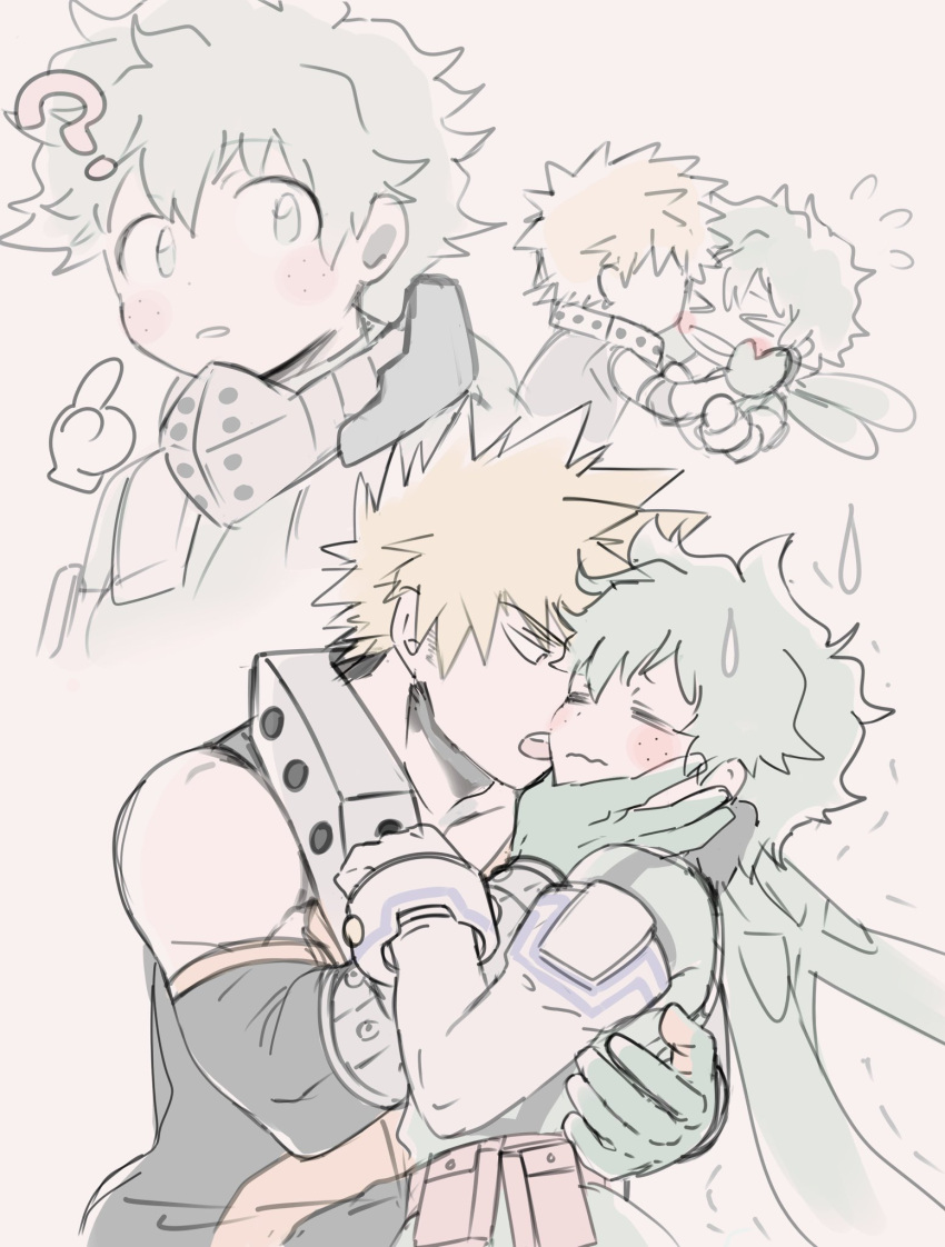 &gt;_&lt; 2boys ? animal_ears bakugou_katsuki blonde_hair blush boku_no_hero_academia closed_eyes closed_mouth commentary fake_animal_ears flying_sweatdrops freckles gloves green_eyes green_hair hands_on_another's_cheeks hands_on_another's_face highres hood hood_down hooded_bodysuit looking_at_another male_focus midoriya_izuku multiple_boys multiple_views nugunasutu open_mouth pale_color rabbit_ears short_hair simple_background spiked_hair sweat trembling white_gloves yaoi