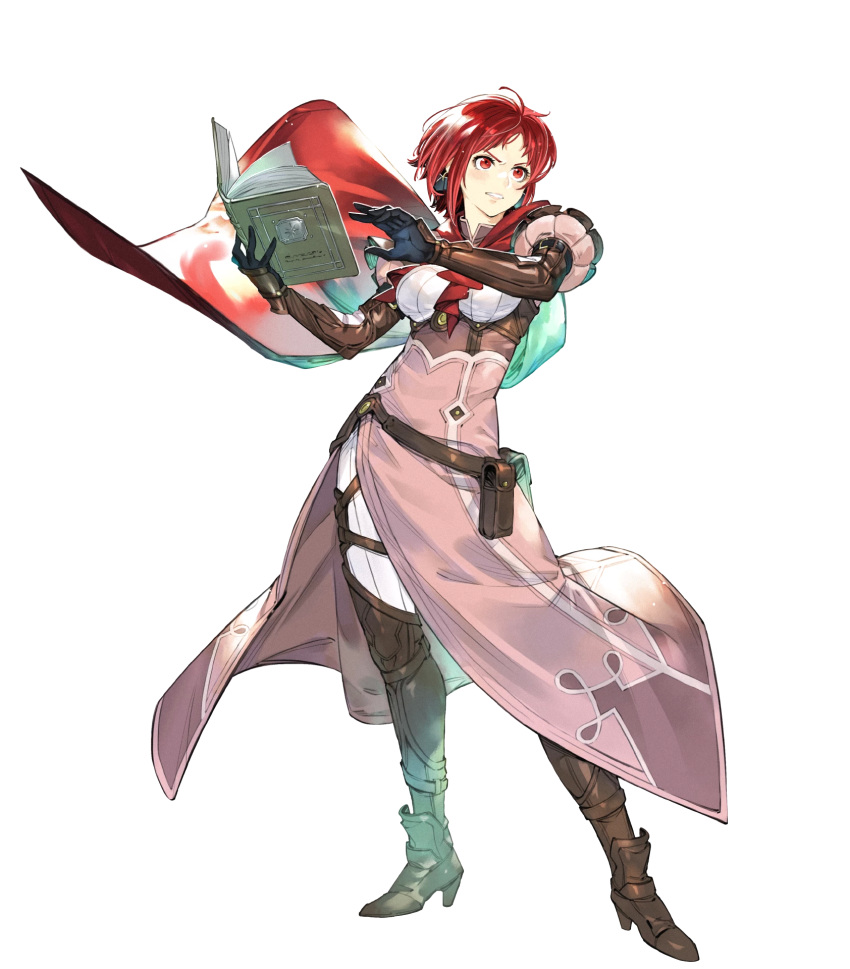 1girl bangs belt boots breasts capelet dress earrings elbow_gloves fire_emblem fire_emblem:_three_houses fire_emblem_heroes fire_emblem_warriors:_three_hopes full_body gloves highres jewelry long_dress medium_breasts monica_von_ochs non-web_source pants puffy_sleeves red_eyes red_hair short_hair solo taroji thigh_boots transparent_background