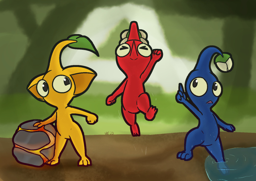 2022 3_toes 4_fingers ambiguous_gender black_eyes blue_body blue_pikmin elemental_creature featureless_crotch feet fingers fist flora_fauna frown gesture group hi_res humanoid jumping looking_back motion_lines mouthless nintendo not_furry nude open_mouth partially_submerged pikmin pikmin_(species) plant pointing red_body red_pikmin toes trio ultilix video_games yellow_body yellow_pikmin