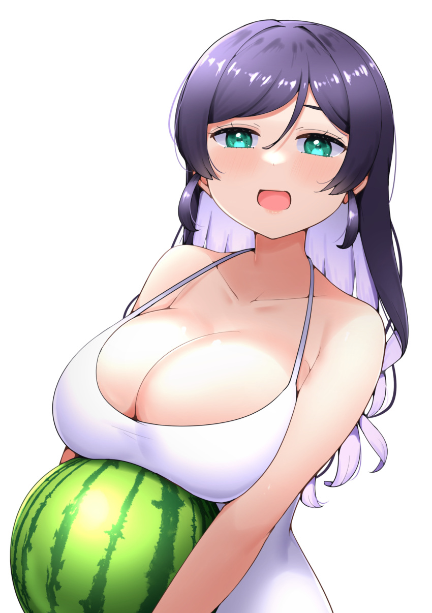 1girl :d aqua_eyes bangs bare_shoulders blush breast_rest breasts carried_breast_rest carrying cleavage colored_inner_hair food fruit hair_down halterneck highres kooei large_breasts long_hair looking_at_viewer love_live! love_live!_school_idol_project multicolored_hair one-piece_swimsuit open_mouth parted_bangs purple_hair simple_background smile solo swept_bangs swimsuit taut_clothes taut_swimsuit toujou_nozomi upper_body watermelon wavy_hair white_background white_one-piece_swimsuit