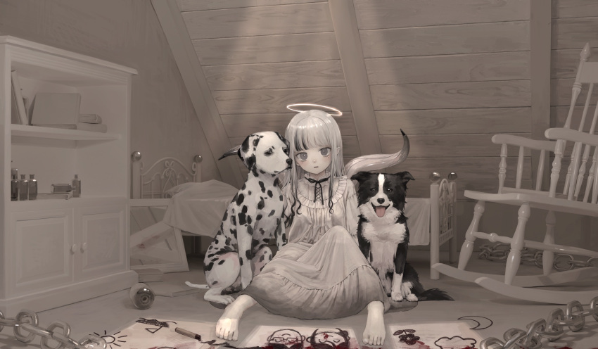 1girl attic bangs barefoot bed black_ribbon blood blunt_bangs book border_collie bottle chain chair child_drawing commentary cupboard dalmatian day dog dress expressionless frilled_shirt_collar frills full_body grey_eyes halo highres indoors light_rays long_dress long_hair long_sleeves looking_at_viewer mirror multicolored_hair namuta neck_ribbon on_floor original pointy_ears ribbon rocking_chair sitting solo streaked_hair sunlight white_dress white_hair white_theme