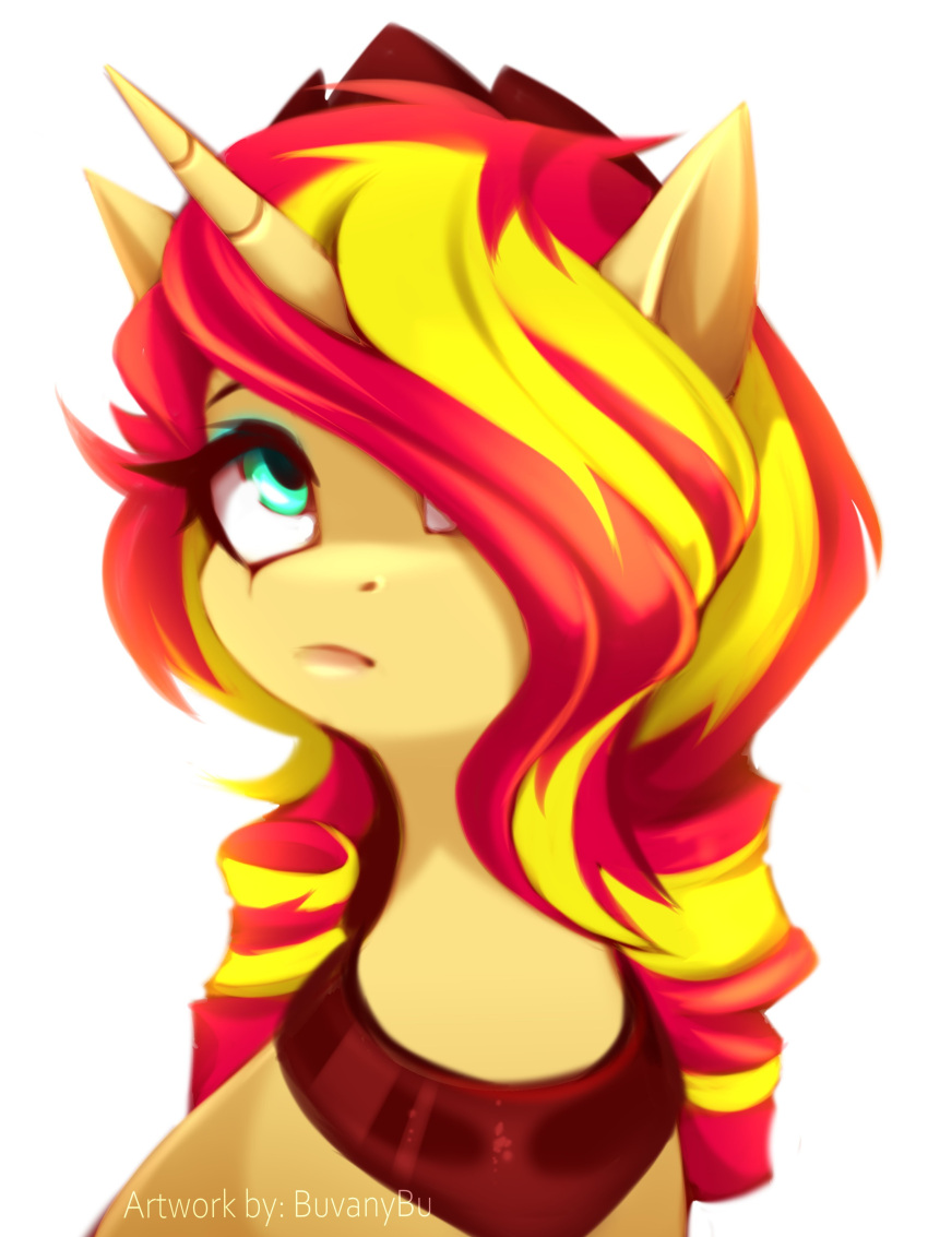 absurd_res blonde_hair buvanybu crown digital_media_(artwork) equestria_girls equid equine eyelashes eyeshadow female feral friendship_is_magic green_eyes hair hair_over_eye hasbro hi_res horn lips looking_up makeup mammal multicolored_hair my_little_pony one_eye_obstructed orange_body portrait red_hair signature simple_background solo sunset_shimmer_(eg) two_tone_hair unicorn unicorn_horn white_background