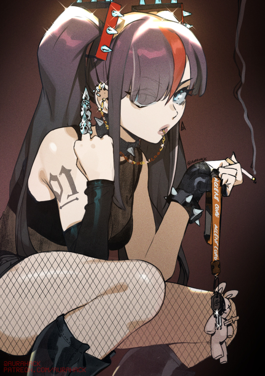 1girl alternate_costume alternate_hair_color arm_tattoo aurahack black_footwear black_hair black_shorts blue_eyes boots bracelet breasts cigarette claw_ring collar detached_sleeves ear_piercing english_commentary fishnet_pantyhose fishnets gloves gothic hair_over_one_eye hatsune_miku highres holding holding_cigarette jewelry key lanyard linked_piercing lip_piercing long_hair looking_at_viewer medium_breasts middle_finger multicolored_hair multiple_piercings paid_reward_available pale_skin pantyhose piercing red_hair short_shorts shorts single_detached_sleeve single_glove smoking solo spiked_bracelet spiked_collar spikes squatting streaked_hair stuffed_animal stuffed_bunny stuffed_toy tattoo twintails vocaloid