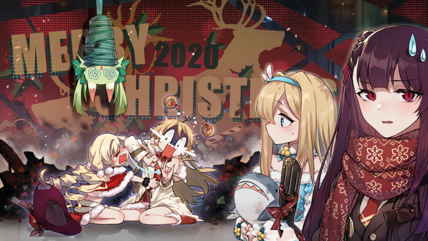 2020 5girls @_@ \n/ ahoge animal_ears art556_(girls'_frontline) blonde_hair blush burnt cat_ears check_commentary christmas closed_eyes colt_revolver_(girls'_frontline) colt_revolver_(wish_upon_a_star)_(girls'_frontline) commentary_request cowboy_hat crying dizzy_(feeling) english_text girls'_frontline green_hair hairband hat hat_removed headwear_removed highres hug ikea_shark looking_at_viewer merry_christmas multiple_girls official_alternate_costume official_art open_mouth purple_hair rfb_(girls'_frontline) rfb_(how_rfb_stole_xmas)_(girls'_frontline) scarf snot snot_trail spoilers stuffed_animal stuffed_shark stuffed_toy su_xiao_jei suomi_(girls'_frontline) suomi_(korvatunturi_pixie)_(girls'_frontline) surprised sweatdrop tears turn_pale upside-down wa2000_(date_in_the_snow)_(girls'_frontline) wa2000_(girls'_frontline)