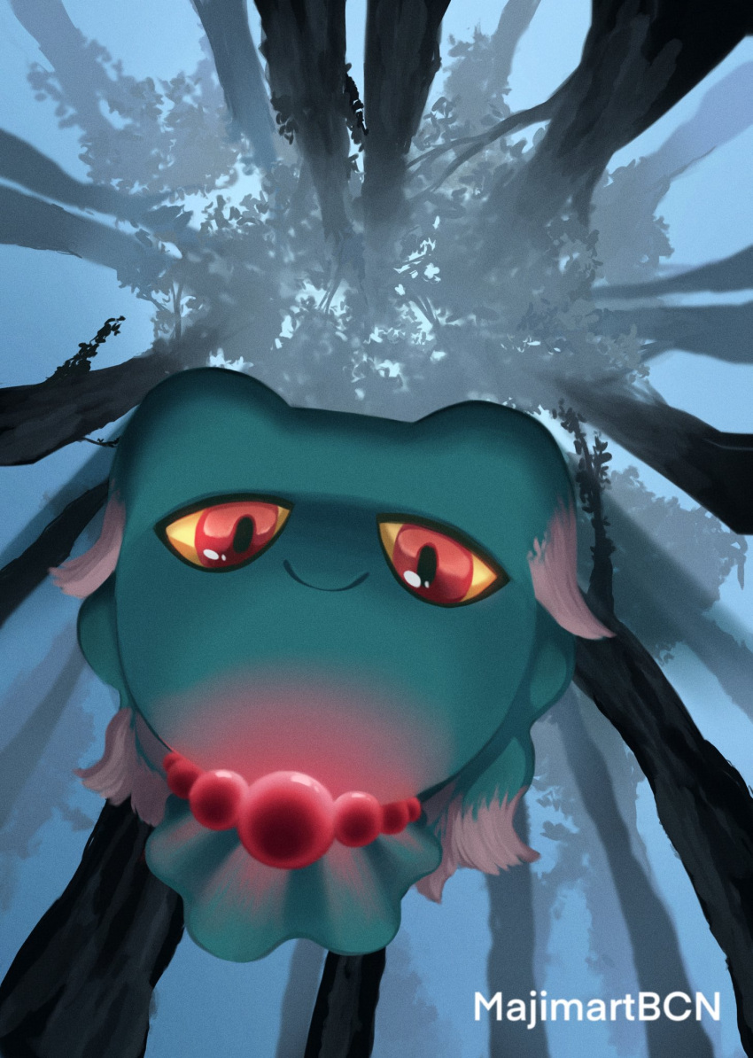 ambiguous_gender blue_body colored digital_media_(artwork) digital_painting_(artwork) foggy foggy_background forest generation_2_pokemon glistening glistening_eyes glowing hi_res jewelry limbless looking_at_viewer looking_down majimartbcn misdreavus necklace nintendo pink_tuft plant pokemon pokemon_(species) red_beads red_eyes red_jewelry red_necklace shaded signature smile solo tree video_games yellow_sclera