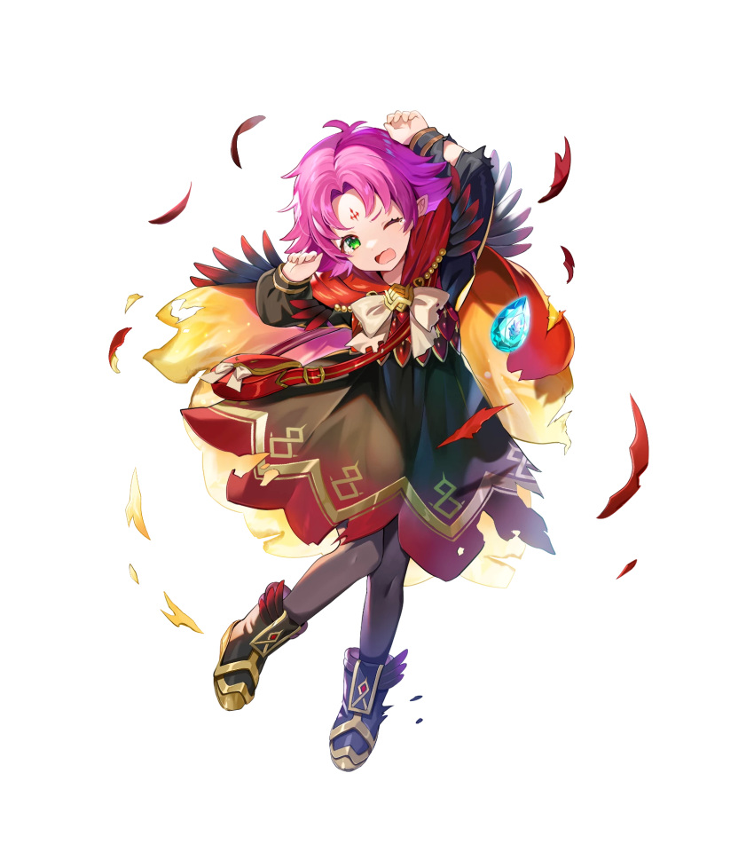 1girl alternate_costume black_dress boots capelet child dress facial_mark fae_(fire_emblem) feather_trim female_child fire_emblem fire_emblem:_the_binding_blade fire_emblem_heroes forehead_mark gold_trim gradient gradient_clothes green_eyes highres long_sleeves non-web_source official_art pantyhose pointy_ears satoupote shiny shiny_hair short_dress short_hair transparent_background